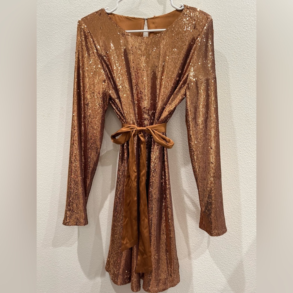 Ramy Brook Hallie Copper Sequin Sash Belt Shift Mini Dress XL